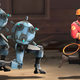 A man holding a wrench and wearing a hard hat runs away from blue robots.